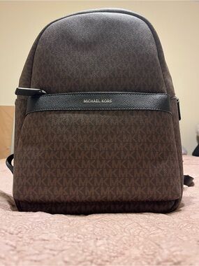 Michael Kors Brown MK Monogram Backpack with Black Trim